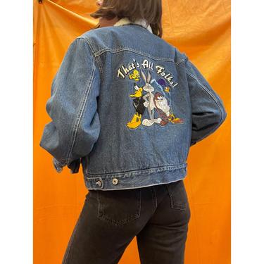 Y2k Loony Toons Embroidered Cropped Denim Jacket with Sherpa Lining 