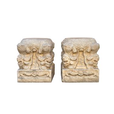 Pair Chinese Foo Dog Carving Marble Stone Base Garden Stool Tables cs7203E 