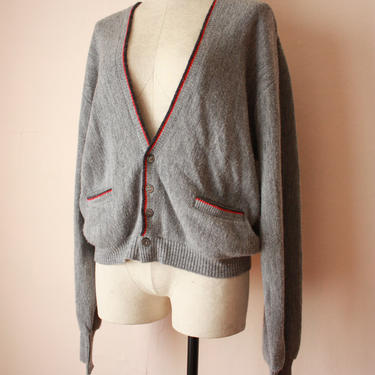 60s Gray Grandpa Cardigan with Red Trim Men's Vintage Sweater Size M / L 
