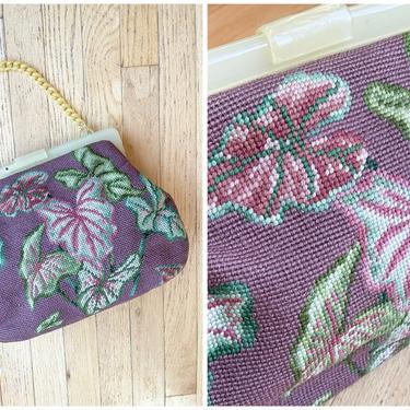 1940s Christine Custom Bags Detroit Purple Tropical Leaves Needlepoint Bakelite Purse 