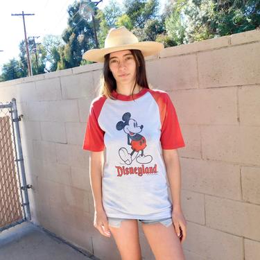 Disneyland Mickey Ringer Tee // vintage USA mouse t-shirt boho hippie Disney t shirt dress red white jersey cotton blouse 70s // S Small 