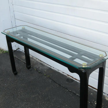 Hollywood Regency Painted Black Glass Top Console Table 1576