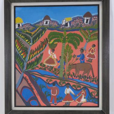 1954 Oil / Board Naive Haitian Painting by Montas Antoine