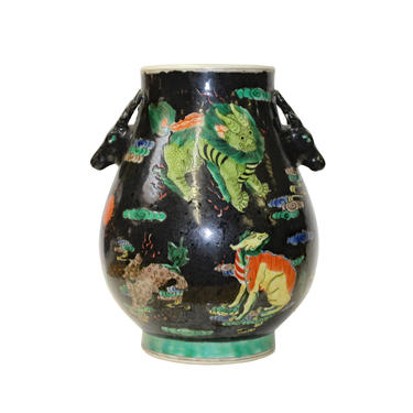 Chinese Deer Head Accent Black Glaze Color Animals Graphic Vase ws799E 