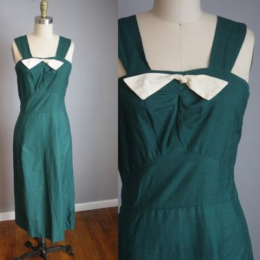 1940's Helen Kingsley Dress // Deep Green with Bow // Small 