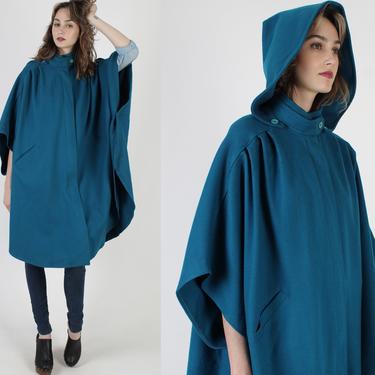 Vintage 80s Turquoise Hooded Cape / Sweeping Casual Wool Cloak / One Size Womens Poncho Jacket 