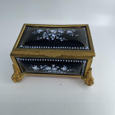 One of a kind 19th Century Limoges hand painted porcelain keepsake box with brass footing 