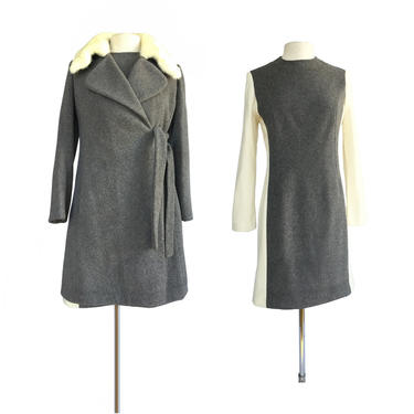 Vintage 60s wool dress &amp; coat set with white mink collar| two tone grey and white dress| possible Lilli Ann 