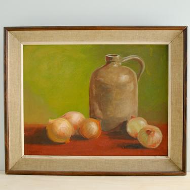 Vintage Oil Still Life Painting of a Jug and Onions, 1961 Framed Kitchen Art, Signed Original Oil Painting 