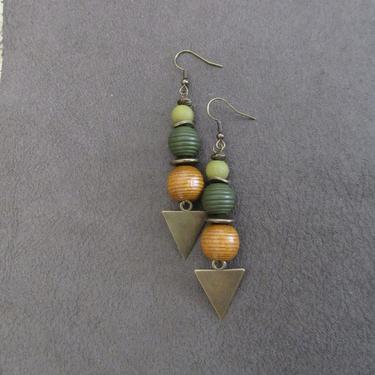 Long wooden earrings, Afrocentric African earrings, bold earrings, statement earrings, geometric earrings, rustic natural earrings, green 