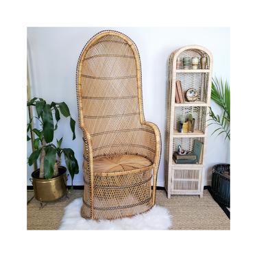 Vintage Wicker Canopy Peacock Chair | Boho Hooded Rattan Throne | Tall MCM Wingback, Fan-back Seat 