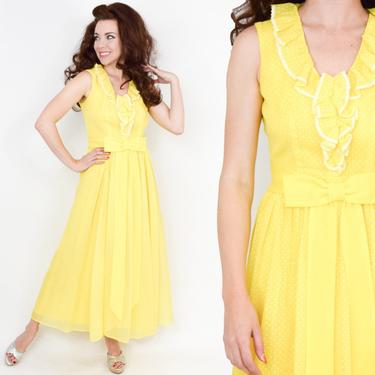70s Yellow Maxi Dress | Dotted Swiss Cotton Dress | Sleeveless | Miss Elliette | Small 