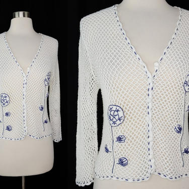 Vintage Nineties White Crochet Top - 90s Small Button Front Open Knit Sweater with Floral Applique 
