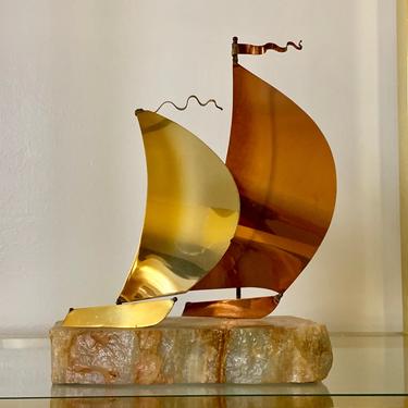 Vintage 1970s MID Century Modern Gold Copper Marble Sailboat Art Sculpture DeMott 