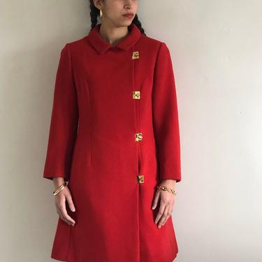 60s Jack Sarnoff mod red wool coat / vintage brass turn lock toggles red wool princess dress coat overcoat / XS size 2 