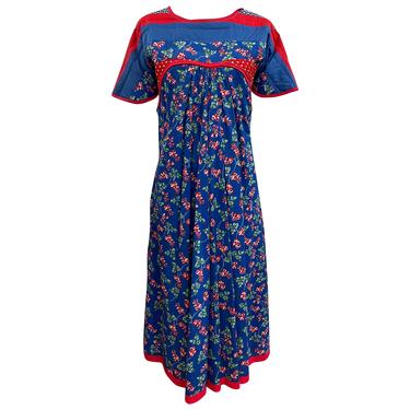 70s Blue Floral Patchwork Cottage Core Dress