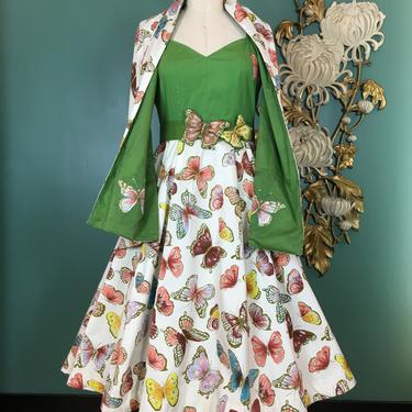 1950s style dress, novelty print dress, butterfly dress, fit and flare, medium, dress with scarf, green and white, 30, full skirt, 3 piece 