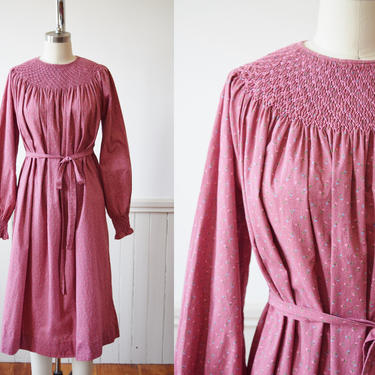 Vintage Smocked Prairie Revival Dress | 1970s/80s Mauve Calico Cotton Dress with Smocking and Belt | S 