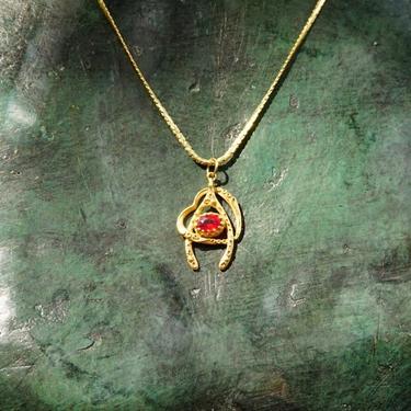 Vintage Italian 14K Gold Ruby Wishbone Heart Pendant Necklace, 2mm Flat Gold Chain, Yellow Gold Cut Out Pendant, Faceted Red Stone, 20.5&quot; L by shopGoodsVintage