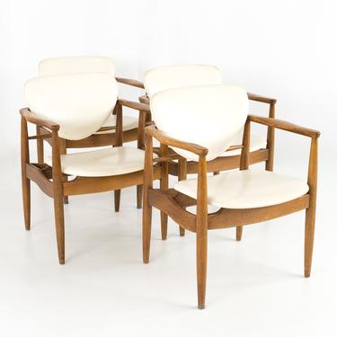 Finn Juhl Style Mid Century Walnut Captains Occasional Dining Desk Chairs - Set of 4 - mcm 