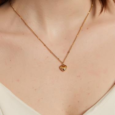stephaine Dainty gold Puffed Heart Pendant Necklace, gold heart necklace, Simple Heart Charm Necklace, gold heart pendant necklace, gift 