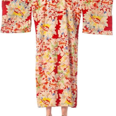 1930S Silk Colorful Printed Japanese Kimono Lined In Pink 