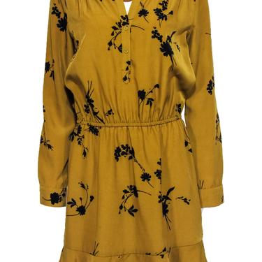 Joie - Mustard & Black Floral Print Fit & Flare Dress w/ Flounce Hem Sz M