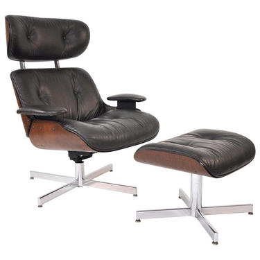 Plycraft Brown Leather Lounge Chair and Ottoman 