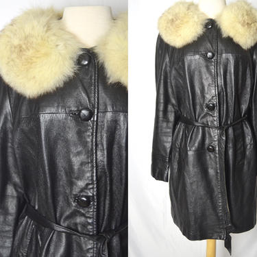 Vintage 1960s Belted Black Leather Swing Coat, Fox Fur Collar, Size Large by Mo
