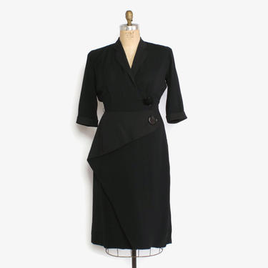 Vintage 40s Black Rayon Dress / 1940s Giant Buttons Sculptural Details Day to Cocktail 