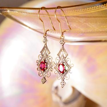 Vintage 14K Gold Red Ruby Dangle Pendant Earrings, Elegant Ornate Earrings With Marquise Gemstones, Art Deco/Nouveau, Kidney Hooks,2” L 