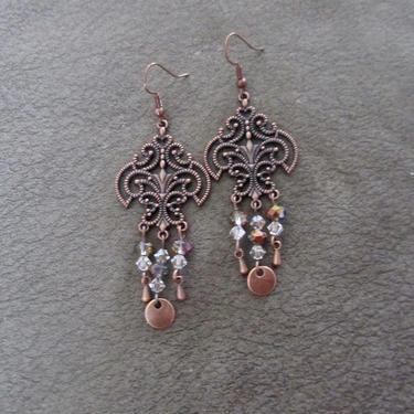 Chandelier earrings, crystal and copper gypsy earrings, boho earrings, large ethnic tribal earrings, bohemian unique princess bling 