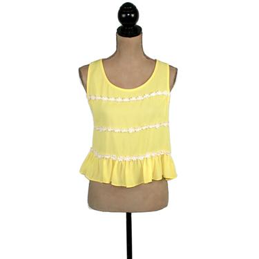Yellow Sleeveless Crop Top Chiffon Tank Blouse Sheer Hippie Summer Shirt Ruffle Hem Teen Boho Clothes Women Medium Large Vintage Clothing 