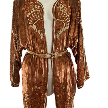 Vintage bronze gold beaded duster copper gold long beaded opera coat, vintage trophy jacket, oversized beaded iridescencent jacket large 