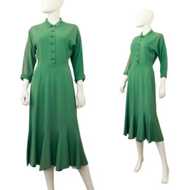1940s Kelly Green Gabardine Shirtwaist Dress - 1940s Kelly Green Dress - 1940s Green Dress - 40s Gabardine Day Dress - 40s Dress| Size Small 