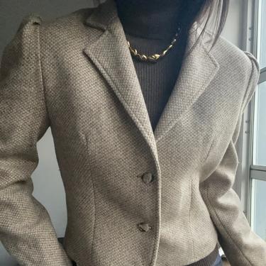 vintage wool tweed cream single breast button down 70s semi cropped blazer 
