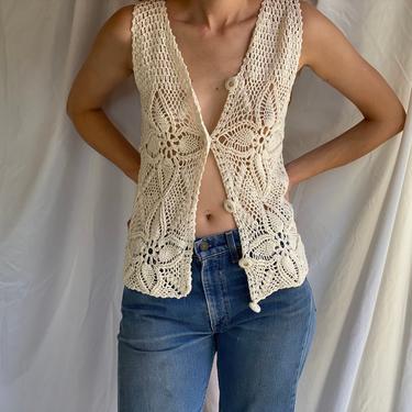 Vintage Y2K Sweater Vest / Open Knit 90s Crochet Waistcoat / Knitted Layering Autumnal Piece / Haute Hippie Boho Sweater 