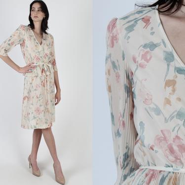 Vintage Pastel Floral Wrap Dress / 1980s Deep V Neck Flower Dress / 70s Sheer Beige Pleated Skirt / Lightweight Peplum Waistline Mini Dress 