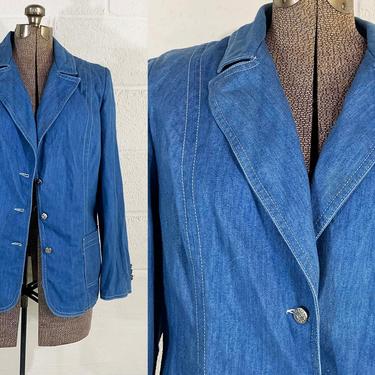 Vintage Vincenti Blazer Denim Suit Jacket Tailored Made in the USA Boxy Long Sleeve Coat Designer Silver Buttons 1960s 60s Large XL 