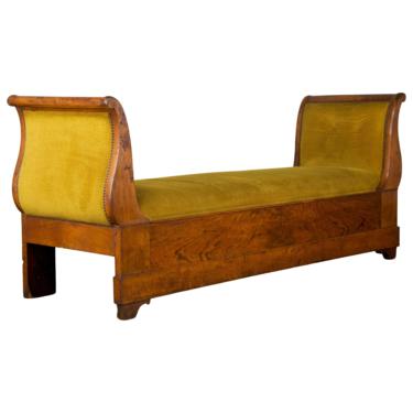 19th Century French Empire Walnut and Corduroy Chaise Lounge. Daybed. 