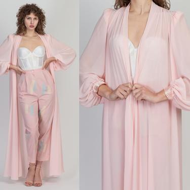70s 80s Lucie Ann Pink Chiffon Balloon Sleeve Maxi Robe - Medium | Vintage Sheer Open Fit Negligee Loungewear Peignoir 