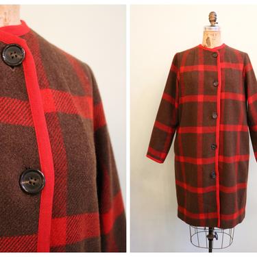 Vintage 1960's Red and Brown Wool Plaid Jacket | Medium 