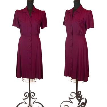 1940s Dress ~ Maroon Gabardine Button Front Day Dress 