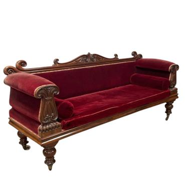 Antique English Sofa, Regency Carved Mahogany, Burgundy Velvet, 1800s!!