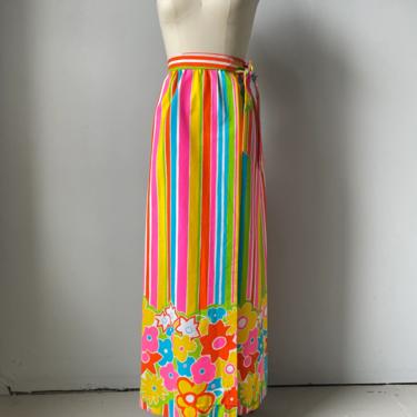 1970s Maxi Wrap Skirt Lanz Cotton Neon XS 