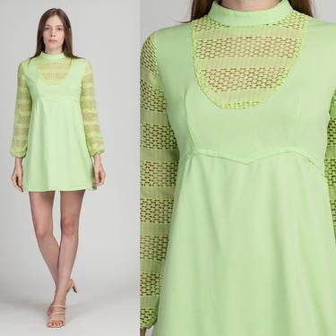60s Mod Green Cut Out Mini Dress - Small | Vintage Long Sleeve A Line Retro Bib Babydoll 