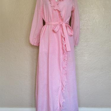 Vintage 1970s Stella Fagin by Gida Pretty Robe, pink with white Swiss Dots. Floor Length, Ruffle Trim, Medium Women 