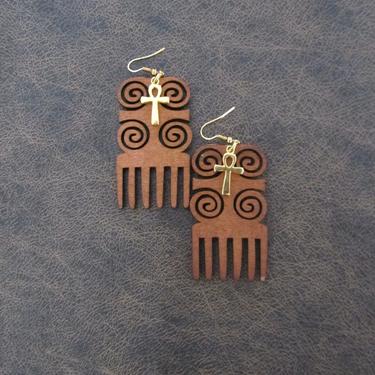 Afro comb earrings, adinkra earrings, wooden earrings, Afrocentric African earrings, bold statement earrings, tribal wood earrings, brown 2 