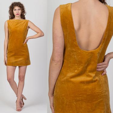 60s Mustard Yellow Velvet Mini Dress - Petite Small | Vintage Sleeveless A-Line Twiggy Shift Dress 
