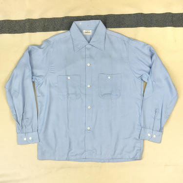 Size M NOS Vintage 1950s Penney’s Towncraft Baby Blue Gabardine Loop Collar Long Sleeve Shirt 